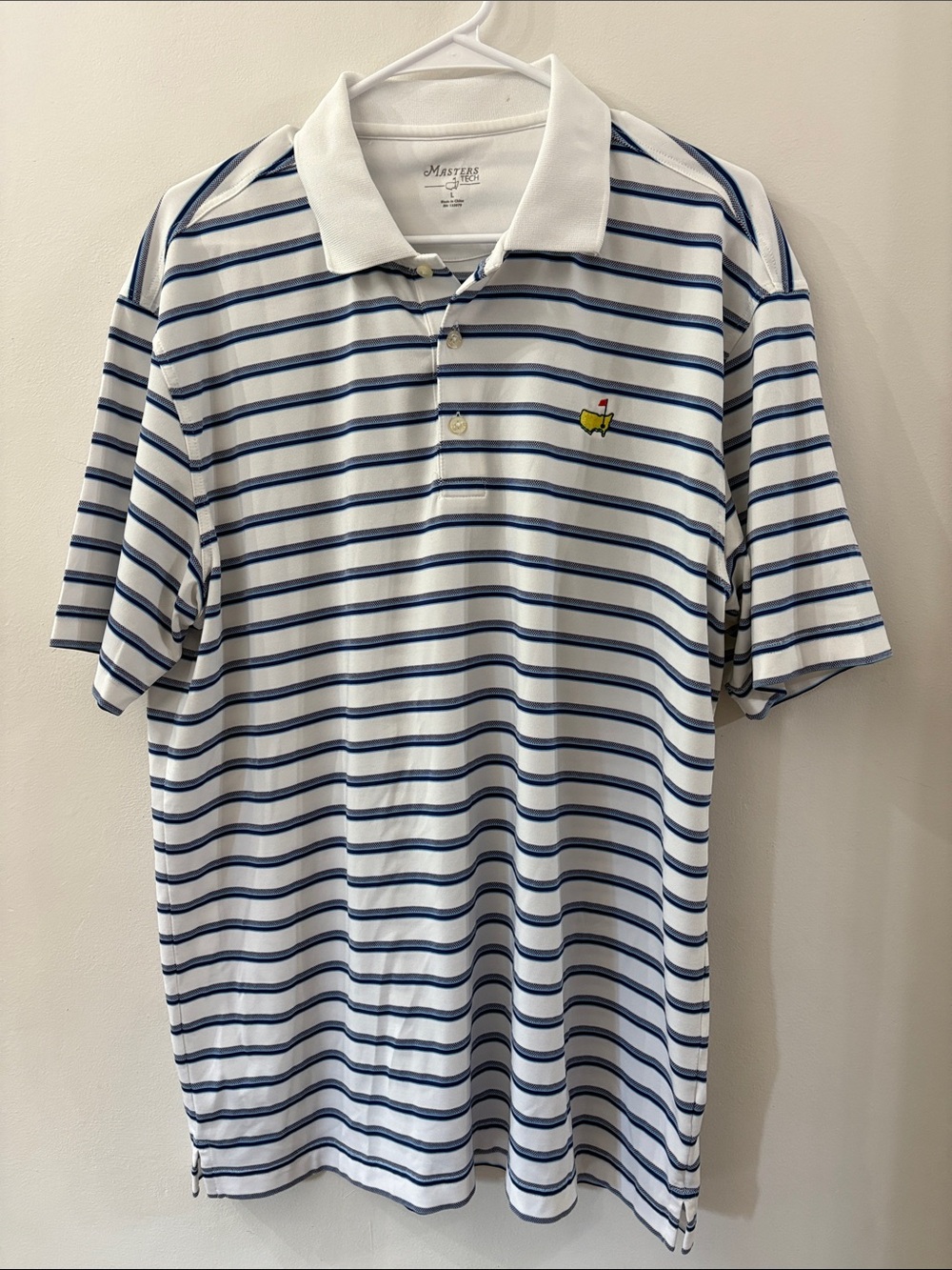 Masters Tech - Men’s White & Navy Stripe Polo Shirt - large